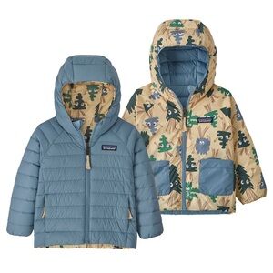 Patagonia Baby Reversible Down Sweater Hoody Puffer Jacket Coat 4T Blue Trees